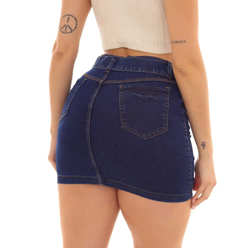 Short Women Jeans Skirt With Dark Blue Belt Details in High Waist