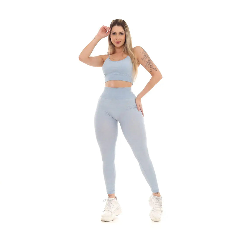 Calça Legging Academia Empina e Levanta Bumbum Levanta e Empina BumBum Fitness Feminina Cintura Alta Azul Claro