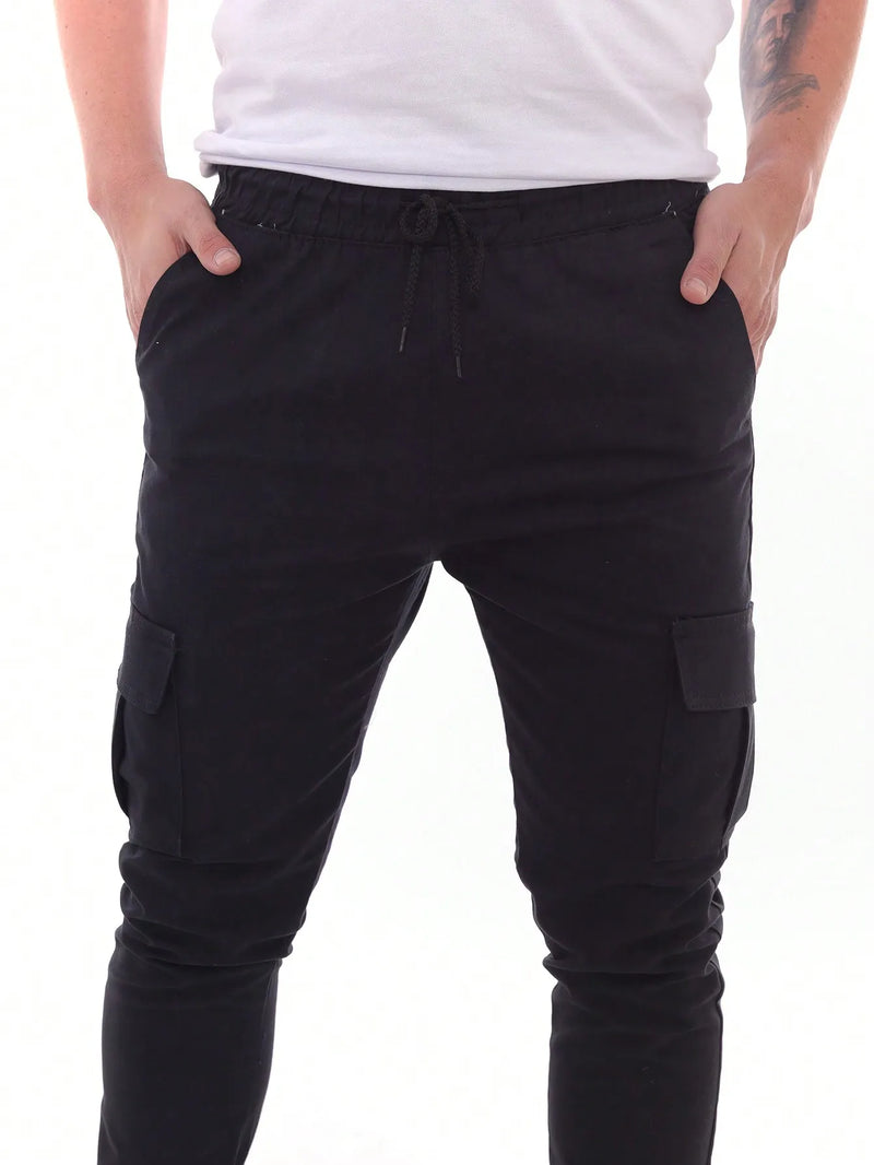 Calça Jogger Masculina Cargo Preta Com Bolsos E Cordão Ajustável Modelo Premium