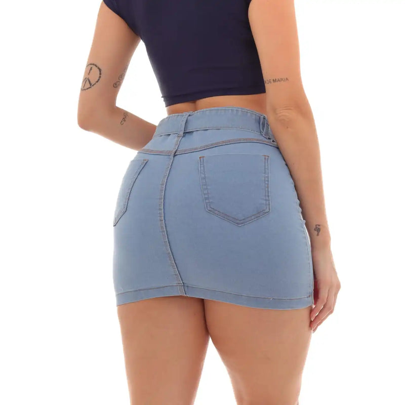 Women's Short Jeans Skirt Mini with Light Blue Belt Details in High Waist