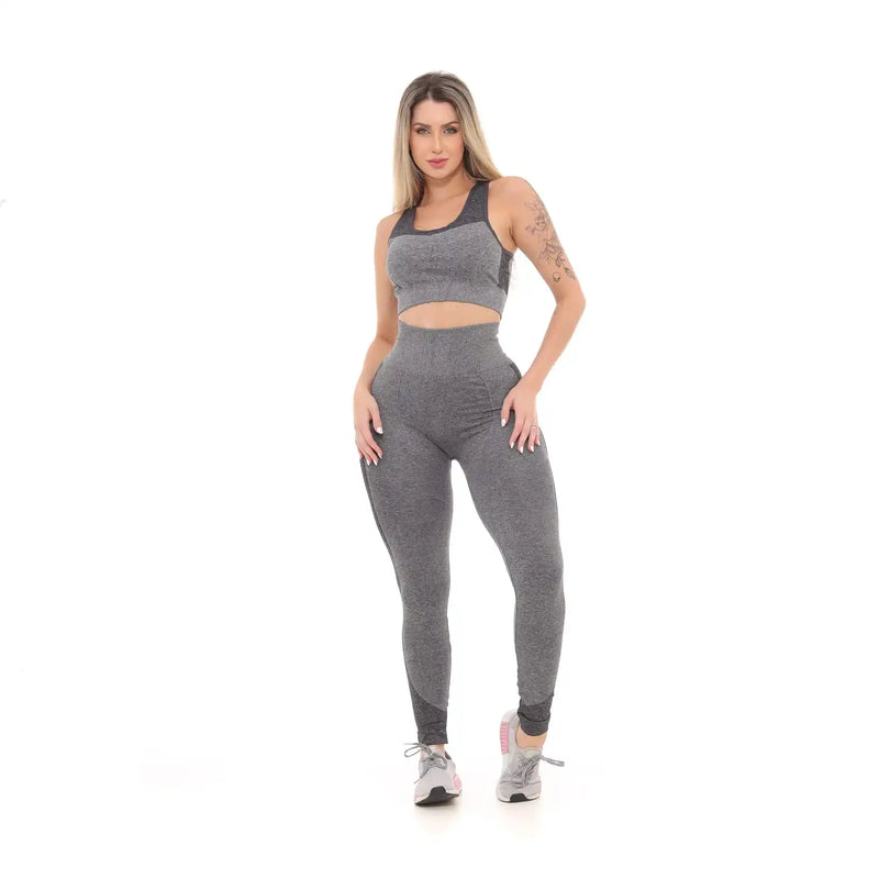 Calça Legging Academia Levanta e Empina Bumbum Fitness Feminina Cintura Alta Cinza Com Preto