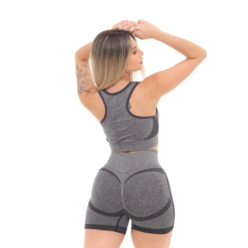 Kit Shorts Top and Pants Legging For Gym Lift and BumBum Fashion Fitness Grey With Black