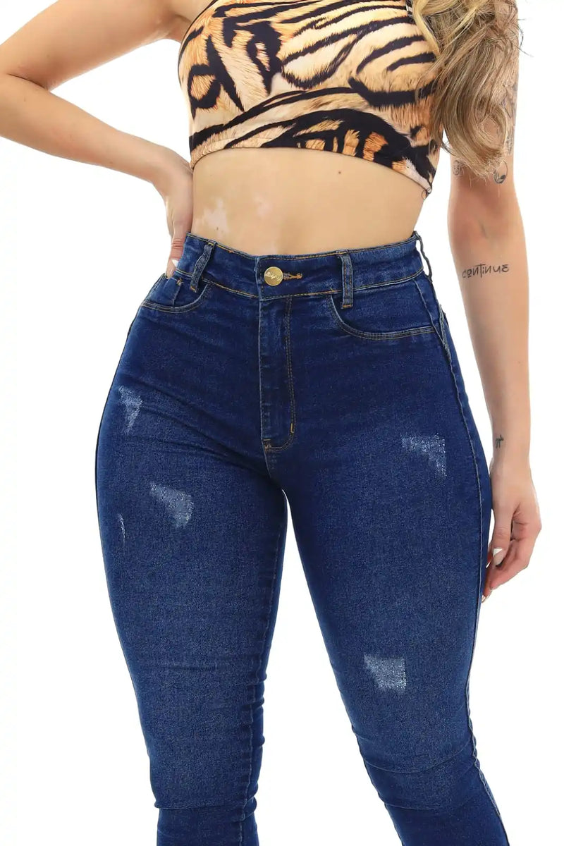 Calça Jeans Feminina Skinny Azul Levanta Bumbum Premium Com Puidos