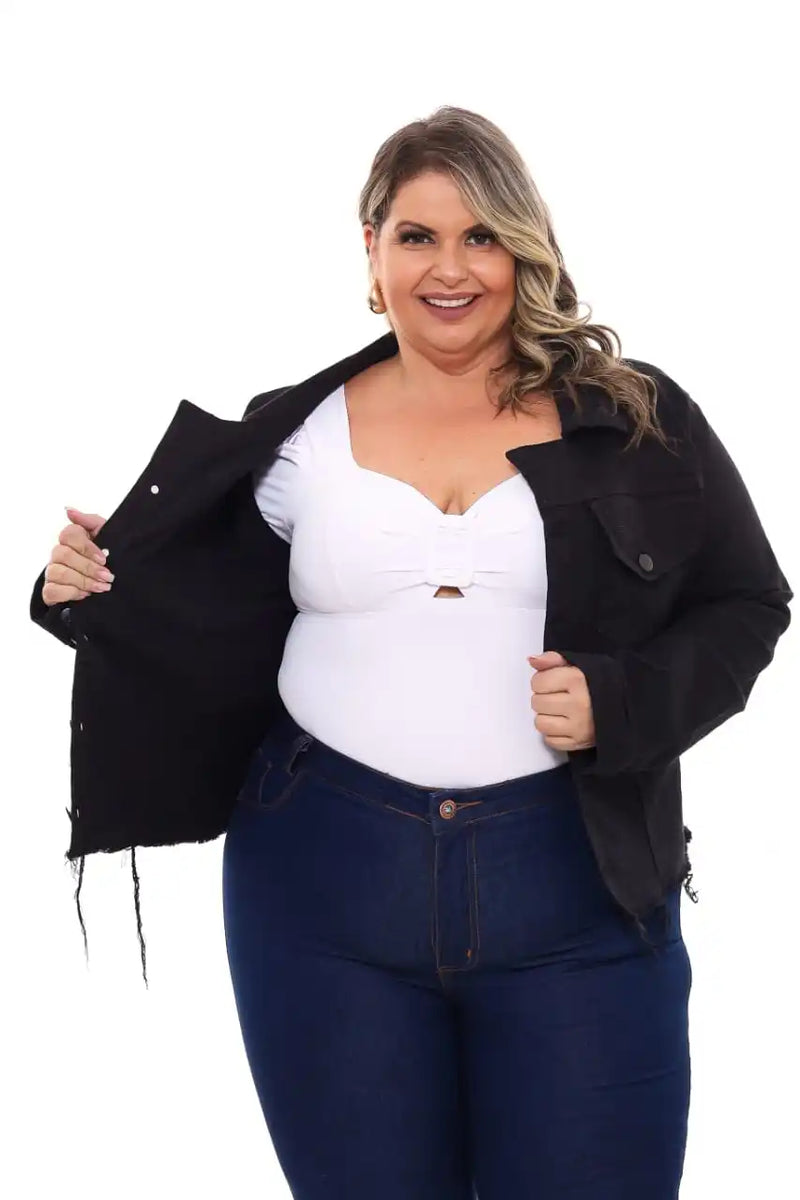 Jaqueta Jeans Feminina Plus Size Preto Black Premium Casual