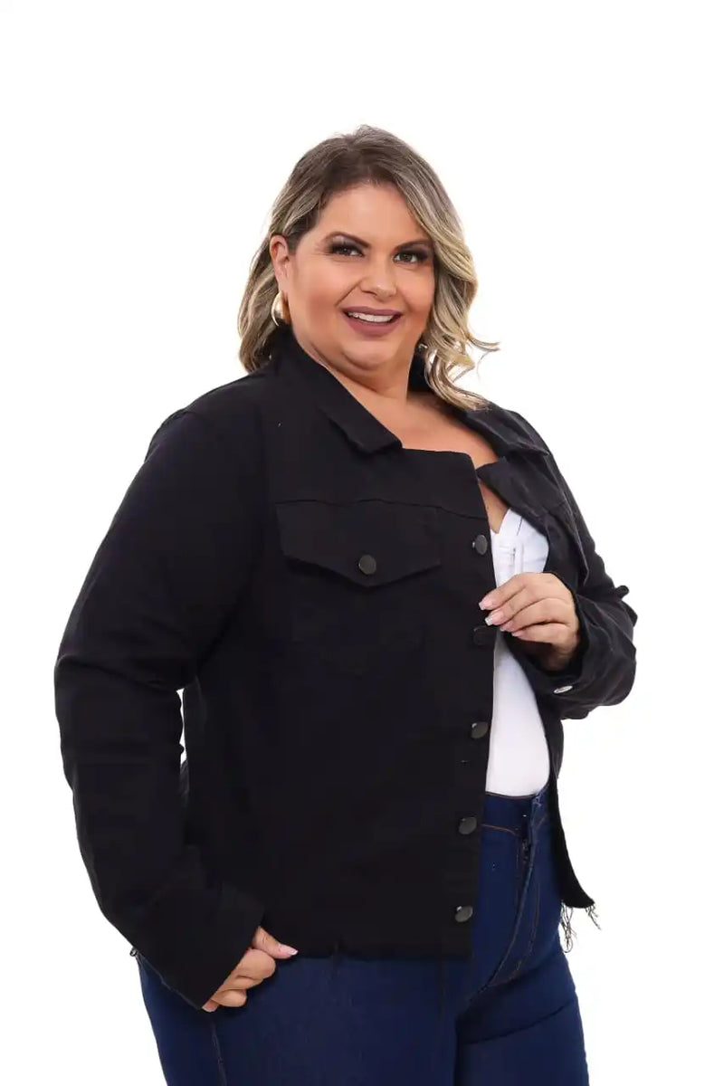 Jaqueta Jeans Feminina Plus Size Preto Black Premium Casual