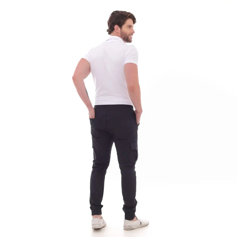 Calça Jogger Masculina Cargo Preta Com Bolsos E Cordão Ajustável Modelo Premium