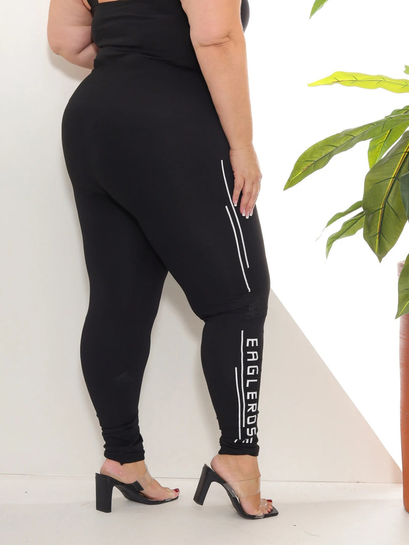 Calça Legging Plus Size Feminina Levanta Bumbum Riscos na Lateral Cintura Alta Comfort Algodão Premium