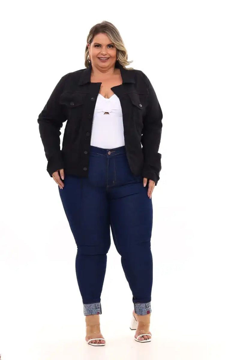 Jaqueta Jeans Feminina Plus Size Preto Black Premium Casual