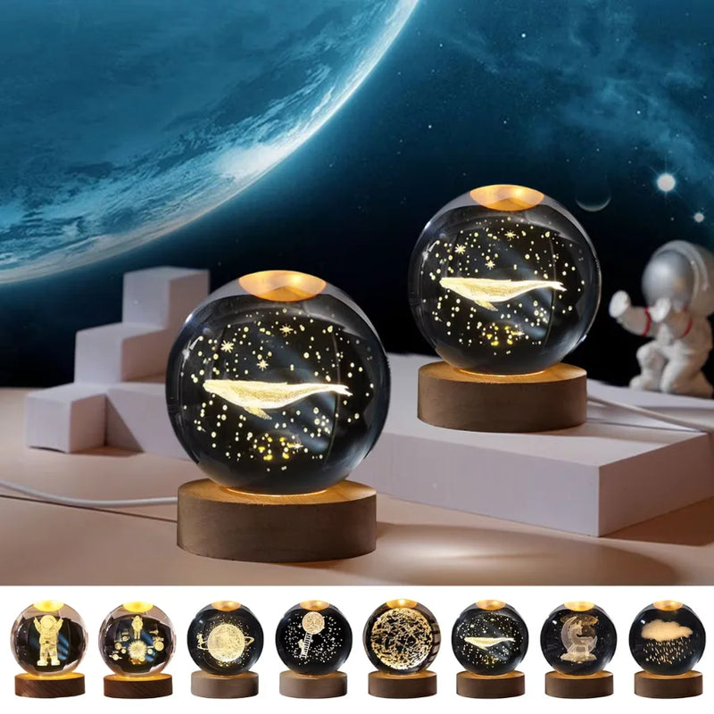 ZOMMI 3D Crital Ball Lampshade Night Light USB Plug in LED Bedroom Night Gift Lamp Galaxia Moon Astronaut Lighting