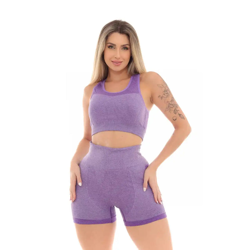 Conjunto Top E Bermuda Academia Fitness Empina E Levanta Bumbum Academia Cintura Alta Roxo