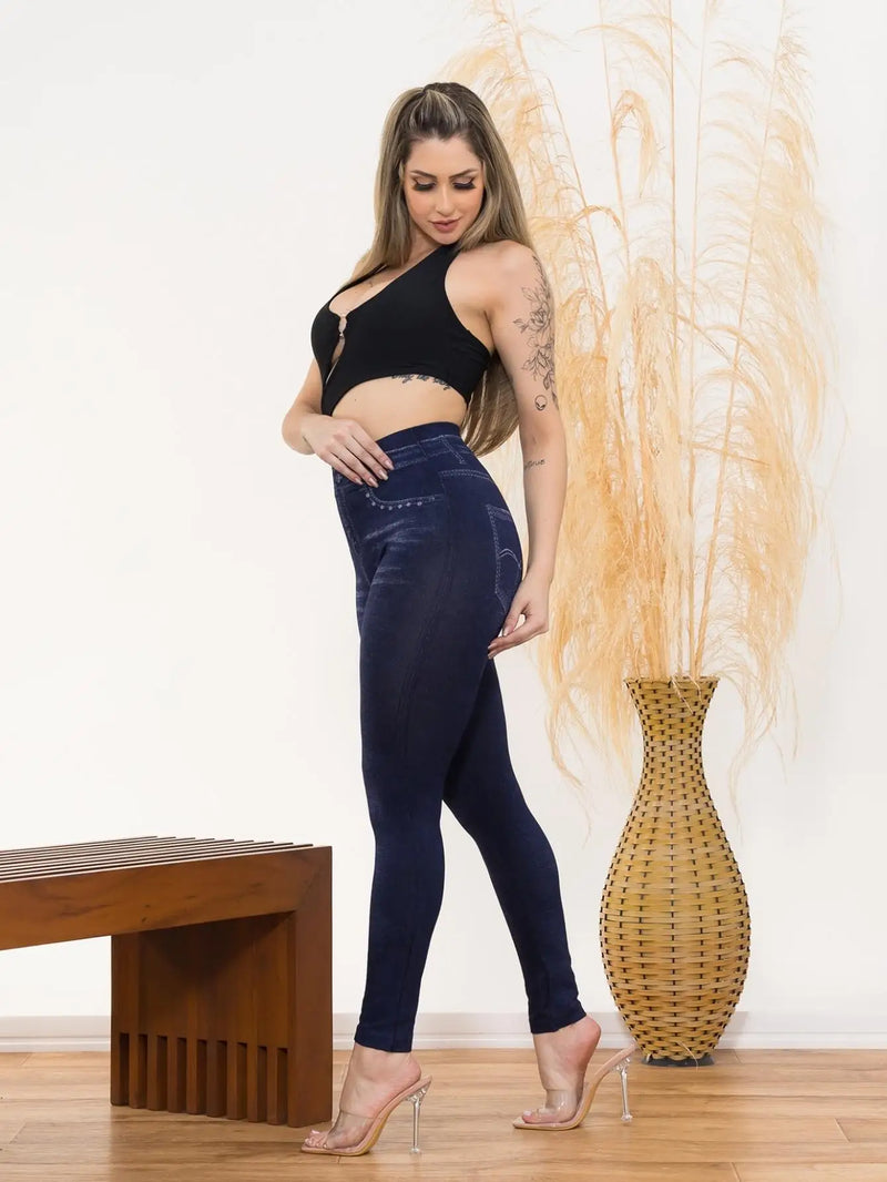 Calça Legging Feminina Fake Jeans Levanta Bumbum