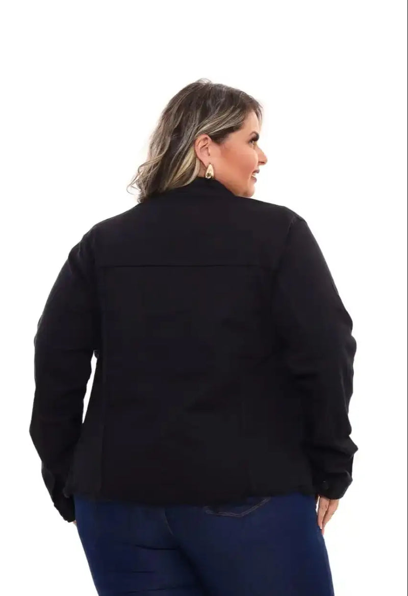 Jaqueta Jeans Feminina Plus Size Preto Black Premium Casual