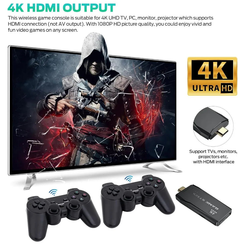 4K Game Stick Retro Video Game Console 20000 Games Emuelec 9 Emulator TV Stick Gaming Machine with Dual Wireless Gamepad Control