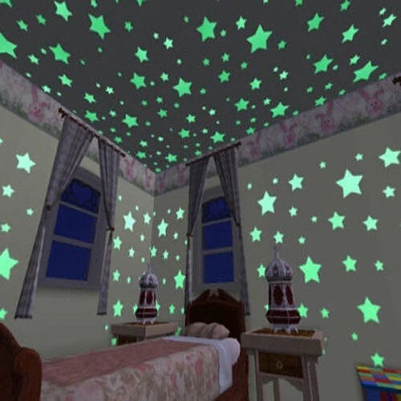 100 Pieces Five-Point Star Glow In The Dark 3d Fluorescent Luminous Pvc Wall Decals For Ceiling Children's Room/Home Decoration