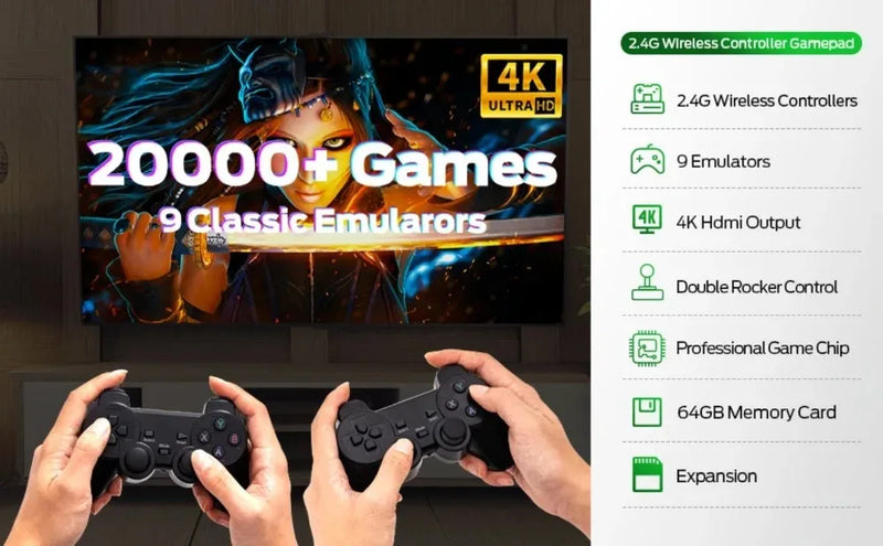 4K Game Stick Retro Video Game Console 20000 Games Emuelec 9 Emulator TV Stick Gaming Machine with Dual Wireless Gamepad Control