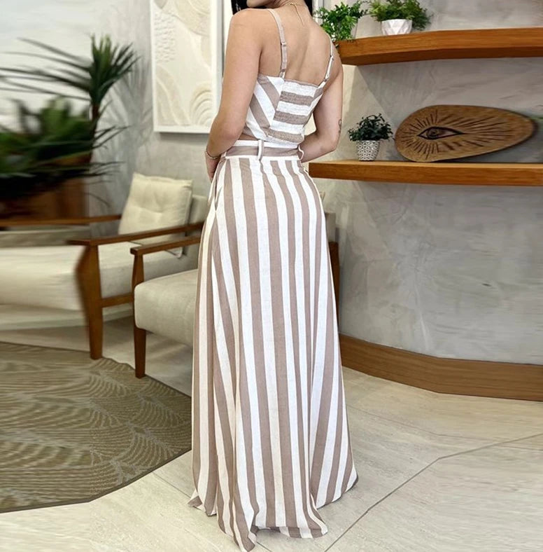 Sexy Women Two Piece Set Outfit Fashion Striped Sleeveless Tube Top + Lace Up High Waist Wide Leg Loose Pants Sets Office Lady