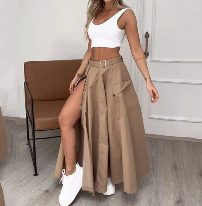 Two Piece Set Women Outfit Summer Fashion U-Neck Sleeveless Solid Color Crop Vest & Casual High Waist Zipper Slit Skirt Set