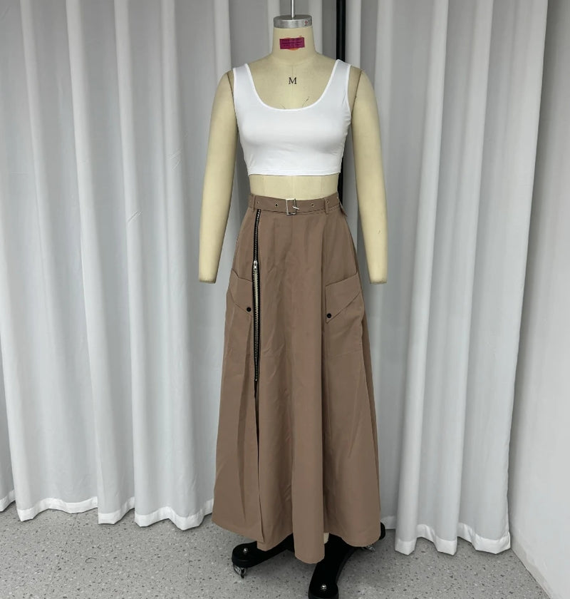 Two Piece Set Women Outfit Summer Fashion U-Neck Sleeveless Solid Color Crop Vest & Casual High Waist Zipper Slit Skirt Set