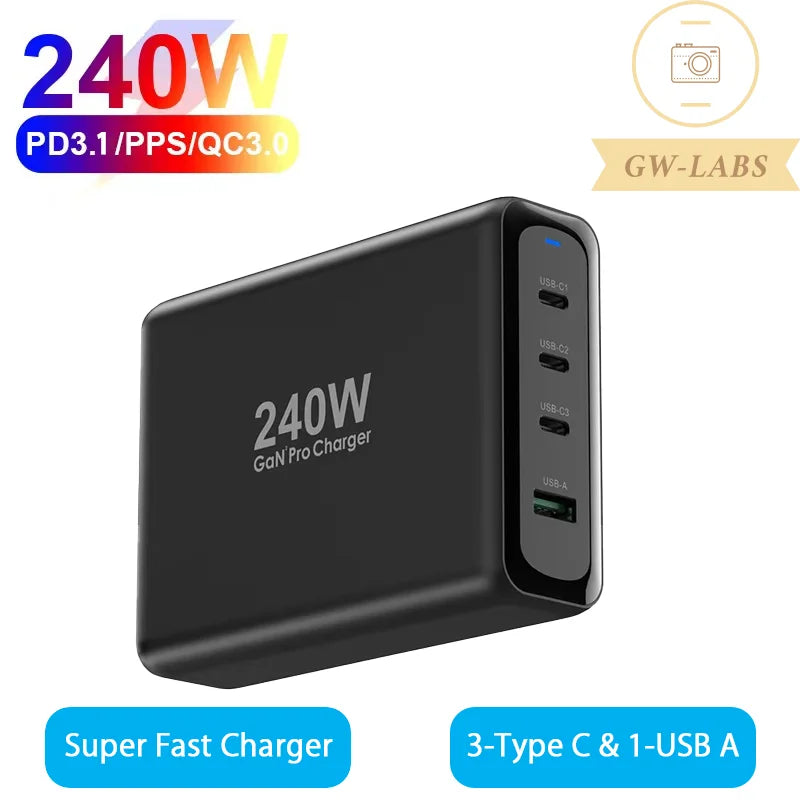 4-Port 240W PD 3.1 GaN  Charger USB C PD 140W PD100W PPS105W For Laptop Macbook iPad iPhone Samsung Huawei xiaomi and more