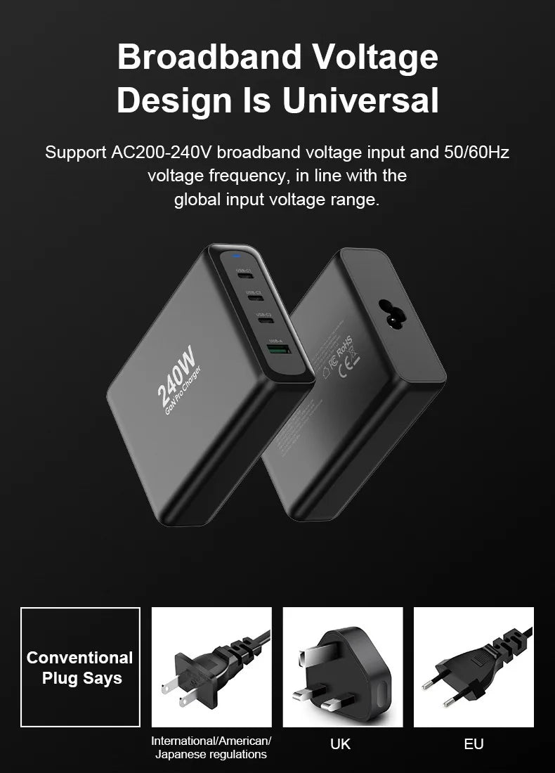 4-Port 240W PD 3.1 GaN  Charger USB C PD 140W PD100W PPS105W For Laptop Macbook iPad iPhone Samsung Huawei xiaomi and more