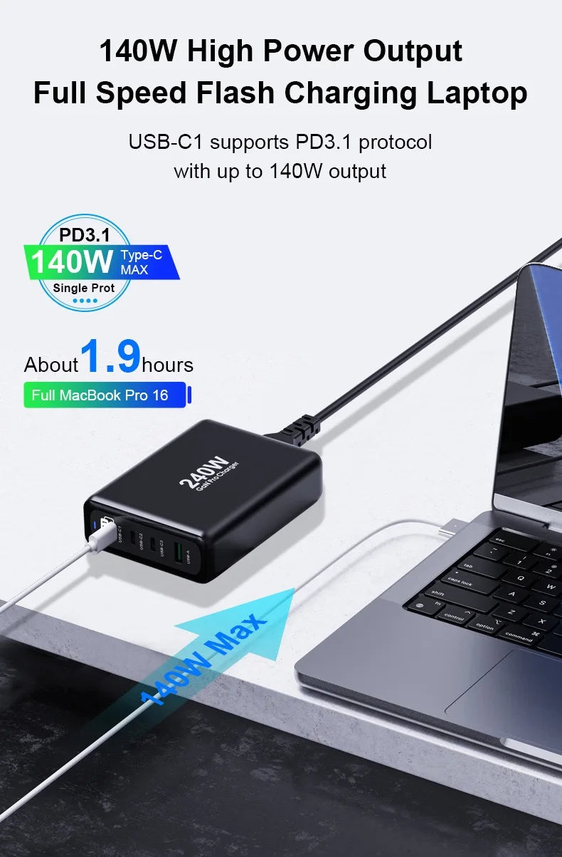 4-Port 240W PD 3.1 GaN  Charger USB C PD 140W PD100W PPS105W For Laptop Macbook iPad iPhone Samsung Huawei xiaomi and more