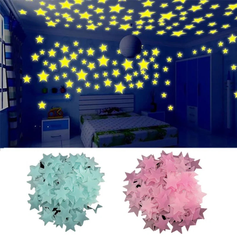 100 Pieces Five-Point Star Glow In The Dark 3d Fluorescent Luminous Pvc Wall Decals For Ceiling Children's Room/Home Decoration