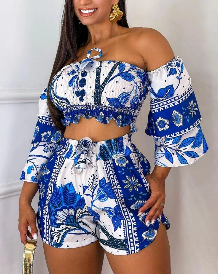 2 Pieces Set Women Outfit 2024 Summer Floral Print Shirred Off The Shoulder Top & High Waist Pocket Design Drawstring Shorts Set